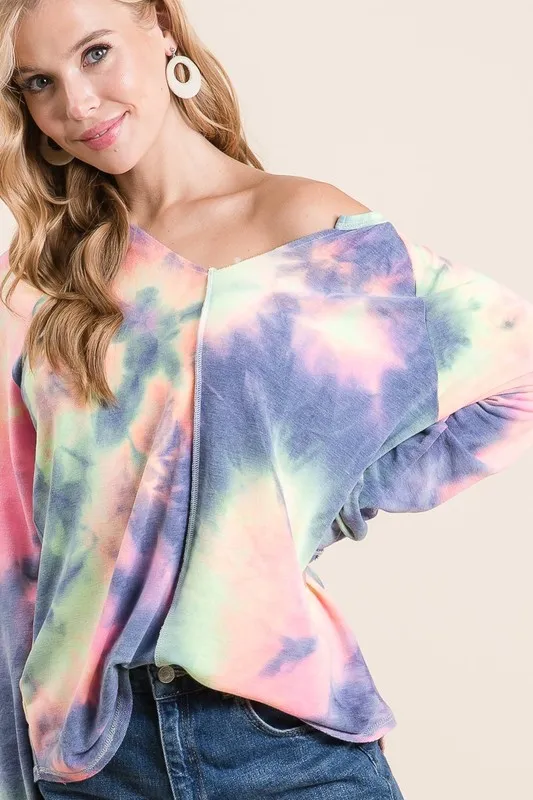 Tie Dye Terry Top with Contrast Stitching Detail