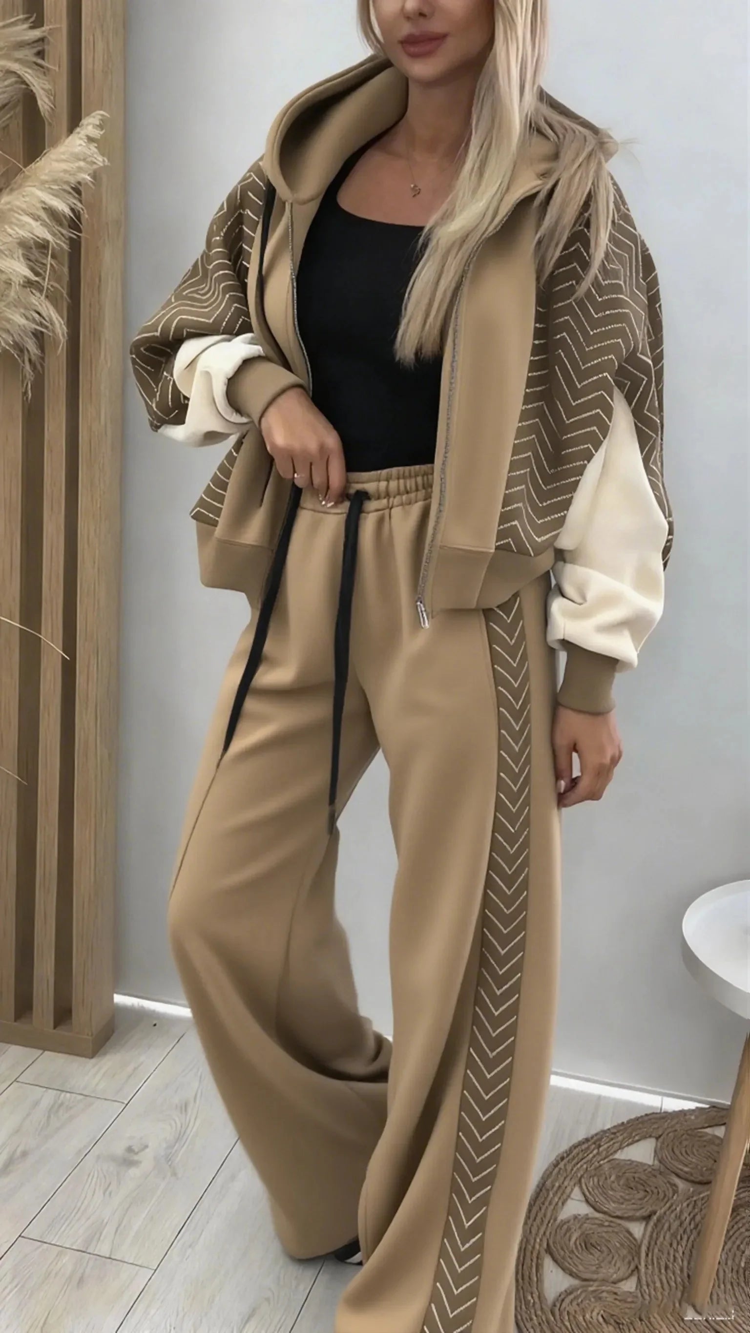 Women Hooded Spliced Jacket + Pants Casual Set