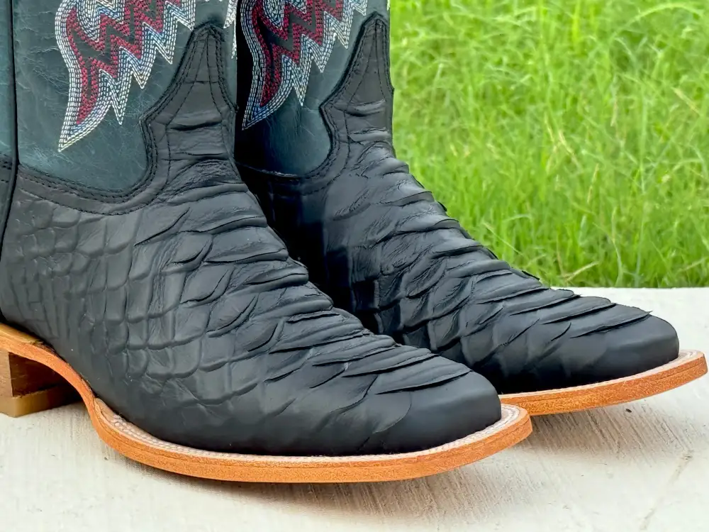 Mens Black Matte Python Leather Boots With Blue Shaft