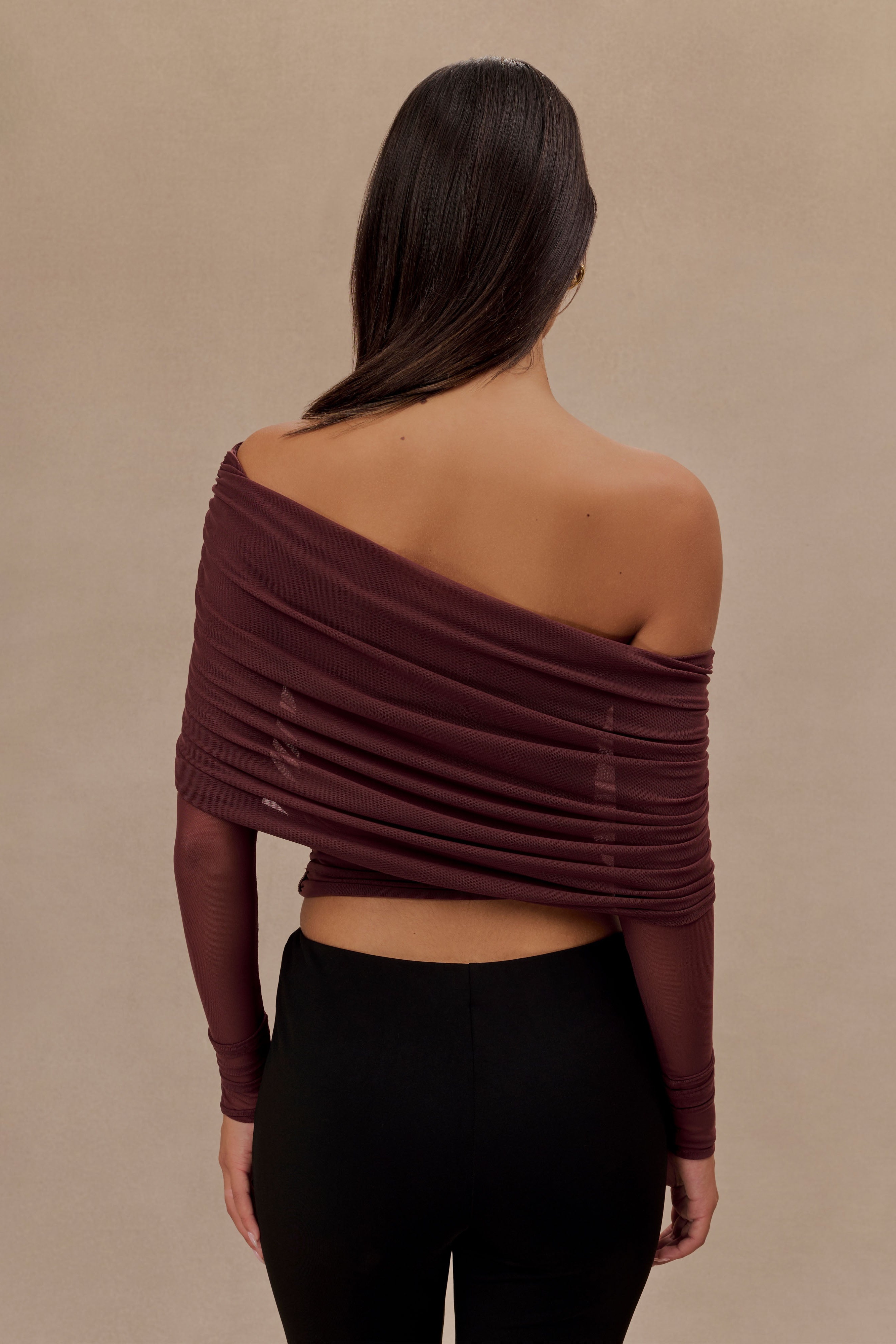Mahogany Sheer Mesh Off Shoulder Top