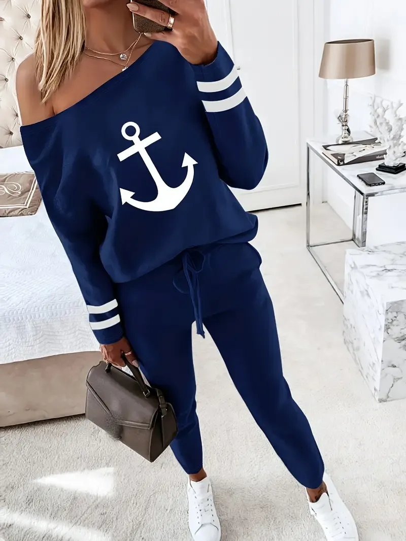 Two Piece Spring/Fall Casual Two-Piece Set with Nope Not Today Print, Long Sleeve Top & Drawstring Pants for Women