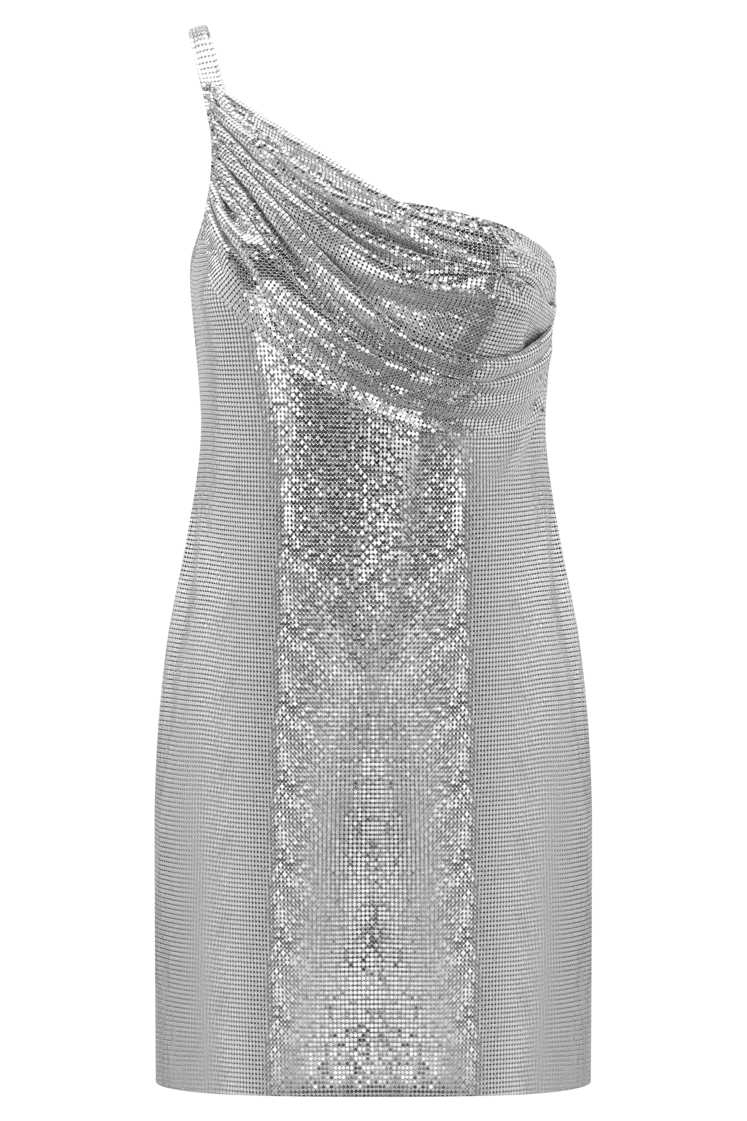 Silver One Shoulder Glow Mesh Mini Dress