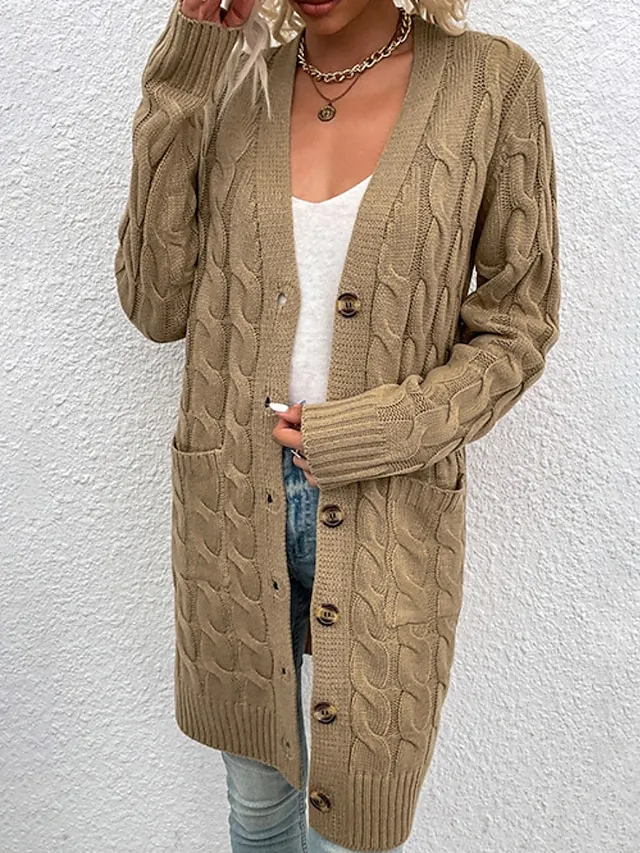 Women's Cardigan Sweater Cowl Cable Knit Faux Fur Button Pocket Summer Fall Long Daily Holiday Going out Stylish Casual Soft Long Sleeve Solid Color Black Yellow Light Green S M L