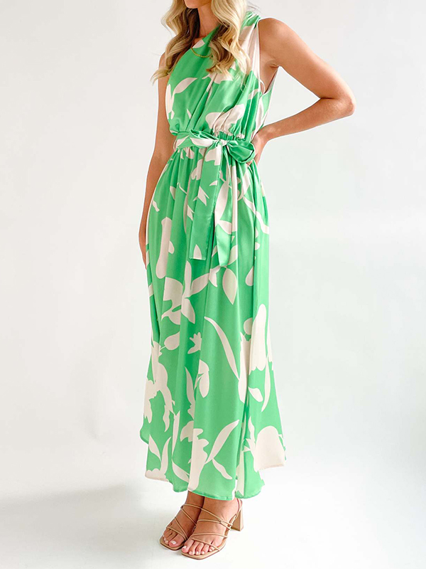 Bandage Contrast Color Hollow Printed Loose Sleeveless One-Shoulder Midi Dresses