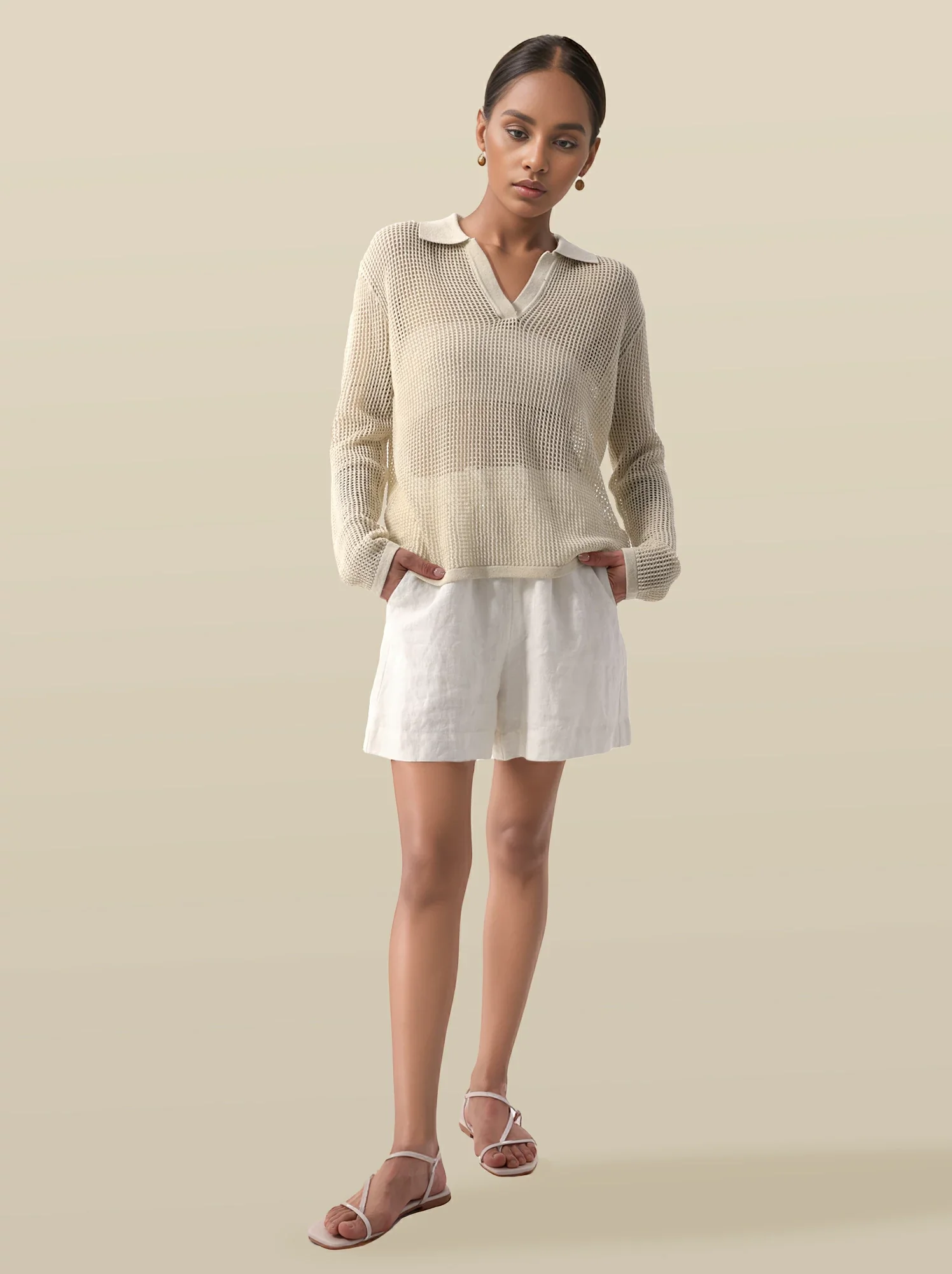 Lyocell & Linen Polo Neck Long Sleeve Cut-out Top