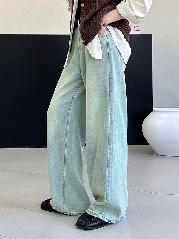 No Belt Pockets High Waisted Loose Jean Pants Bottoms