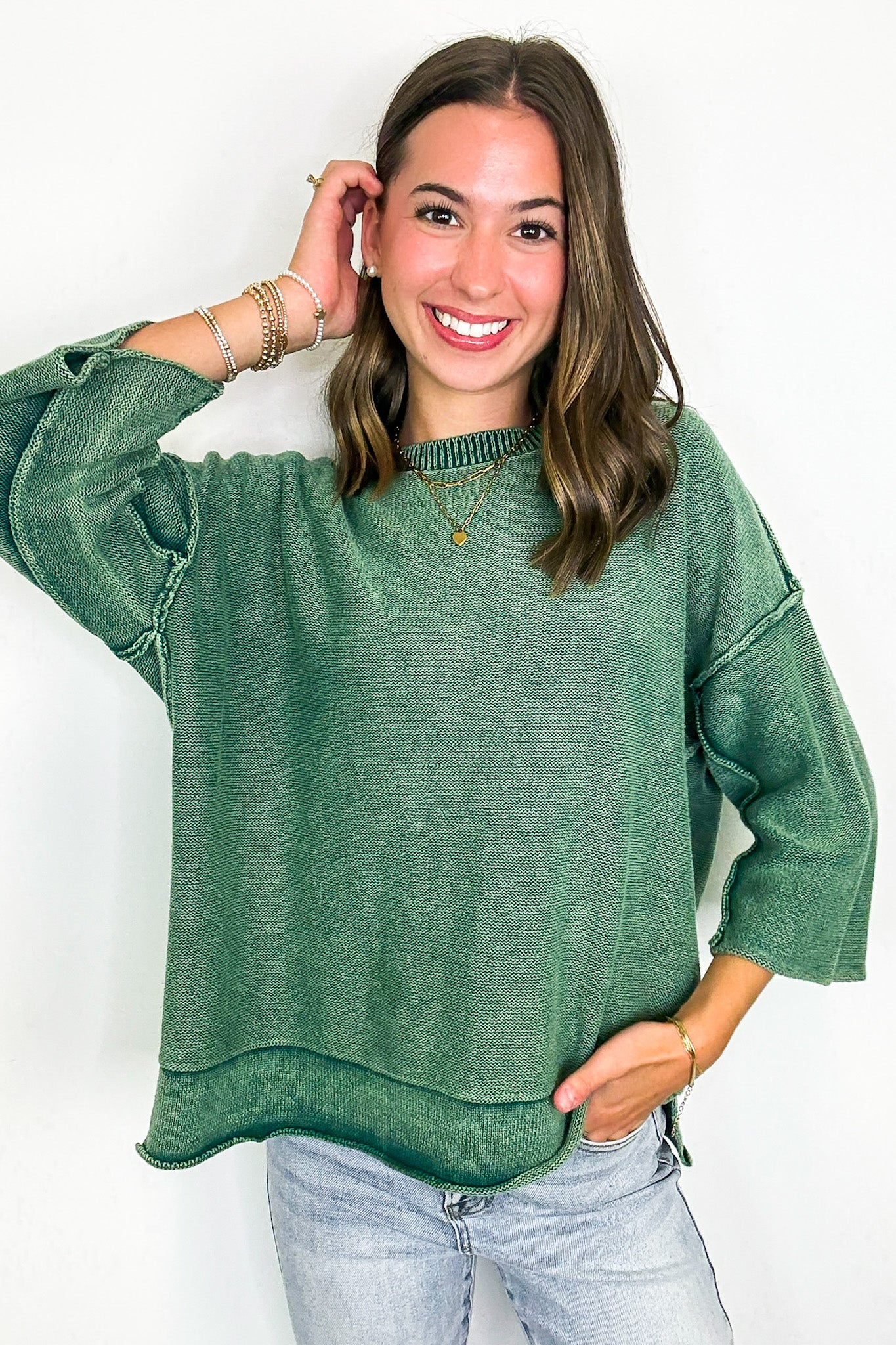 Cozy Fade Washed 3/4 Sleeve Relaxed Sweater