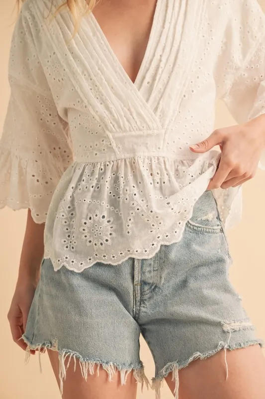 Flounce Sleeve Eyelet Peplum Top