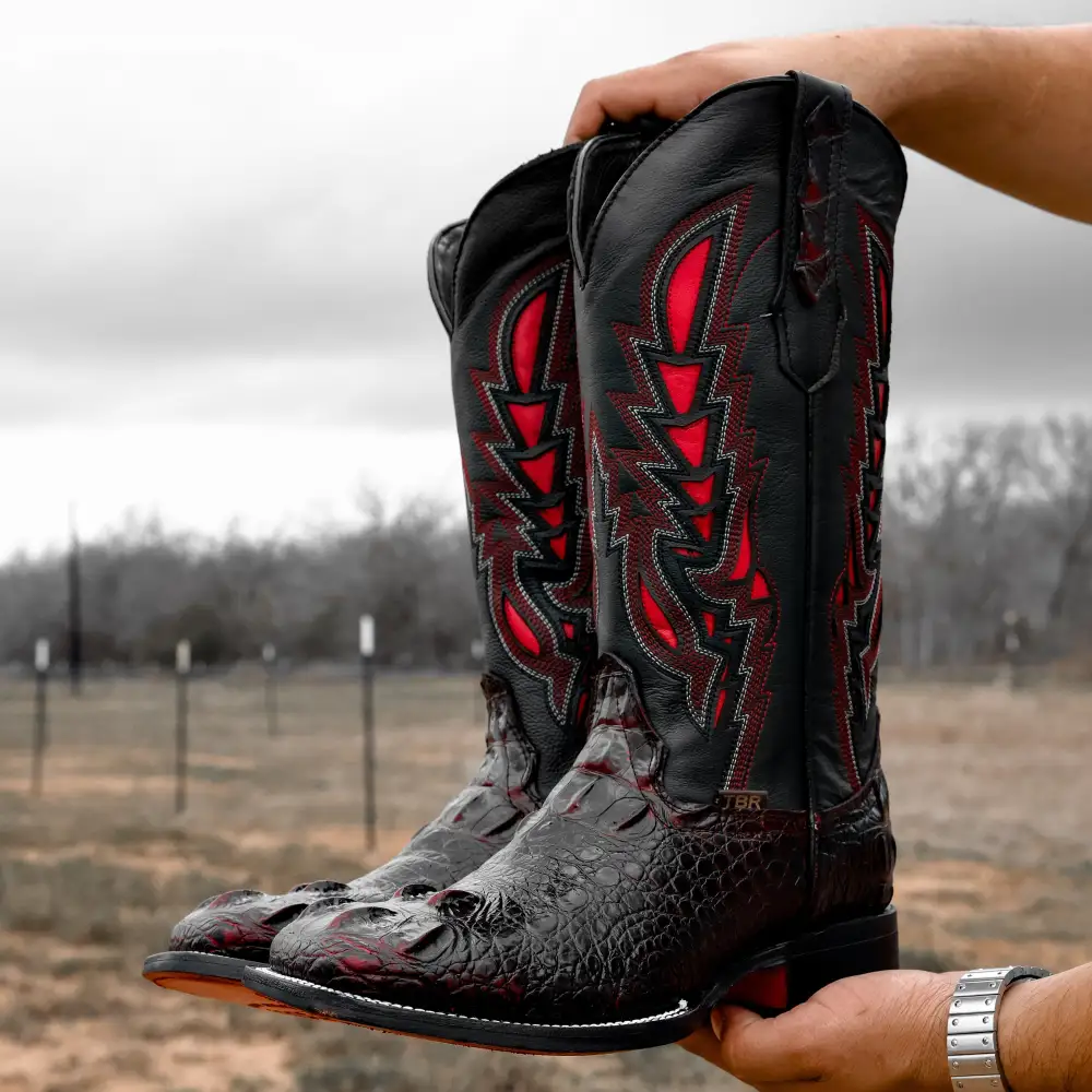 Black Cherry Caiman Neck Leather Boots - Square Toe