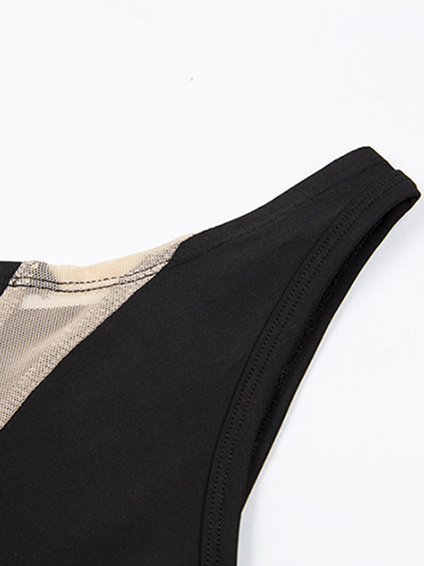 Sleeveless Mesh One-Shoulder Solid Color Split-Joint One-Piece Swimwear