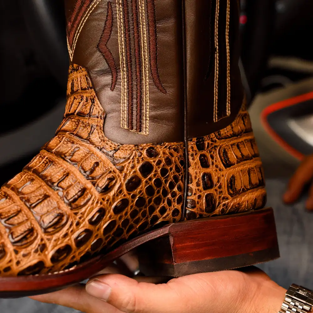 Honey Caiman Hornback Leather Boots - Square Toe