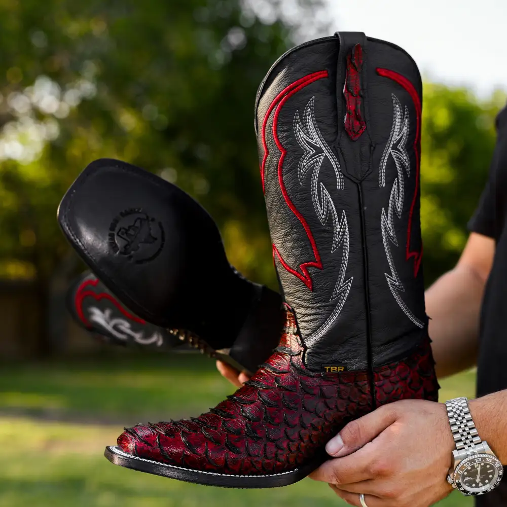 Black Cherry Python Leather Boots - Square Toe