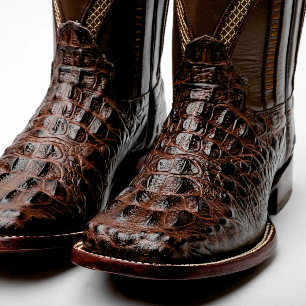 Brown Caiman Neck Leather Boots - Square Toe