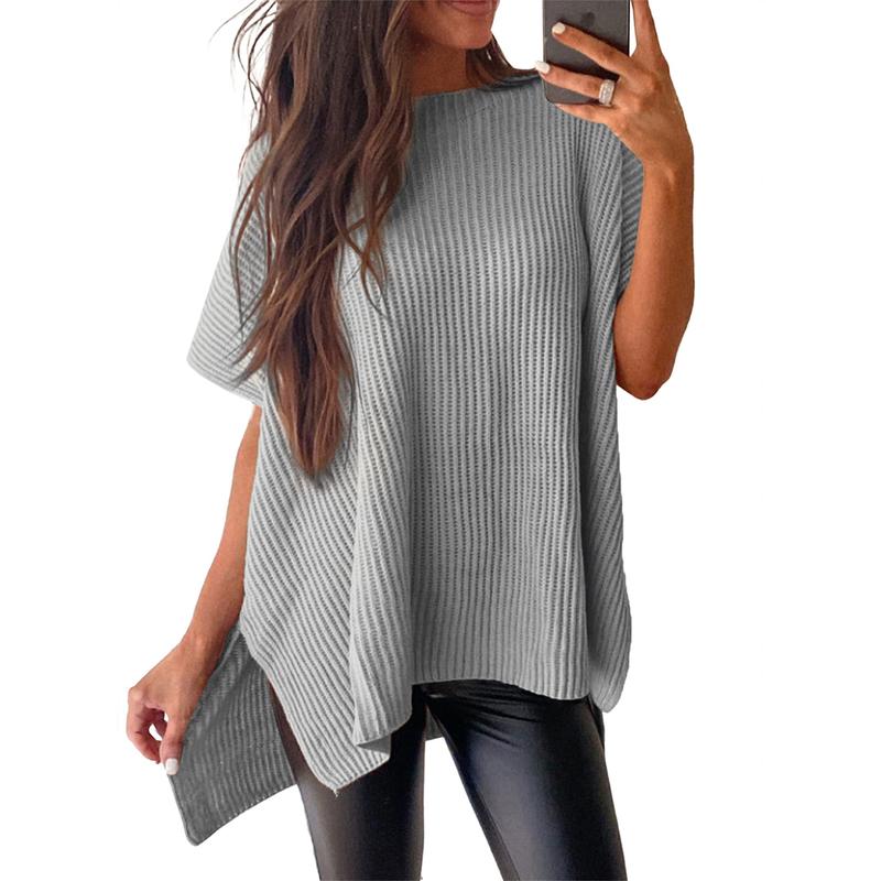 Women’s Oversized Ribbed Knit Top – Crew Neck Short Sleeve Pullover with Side Slit