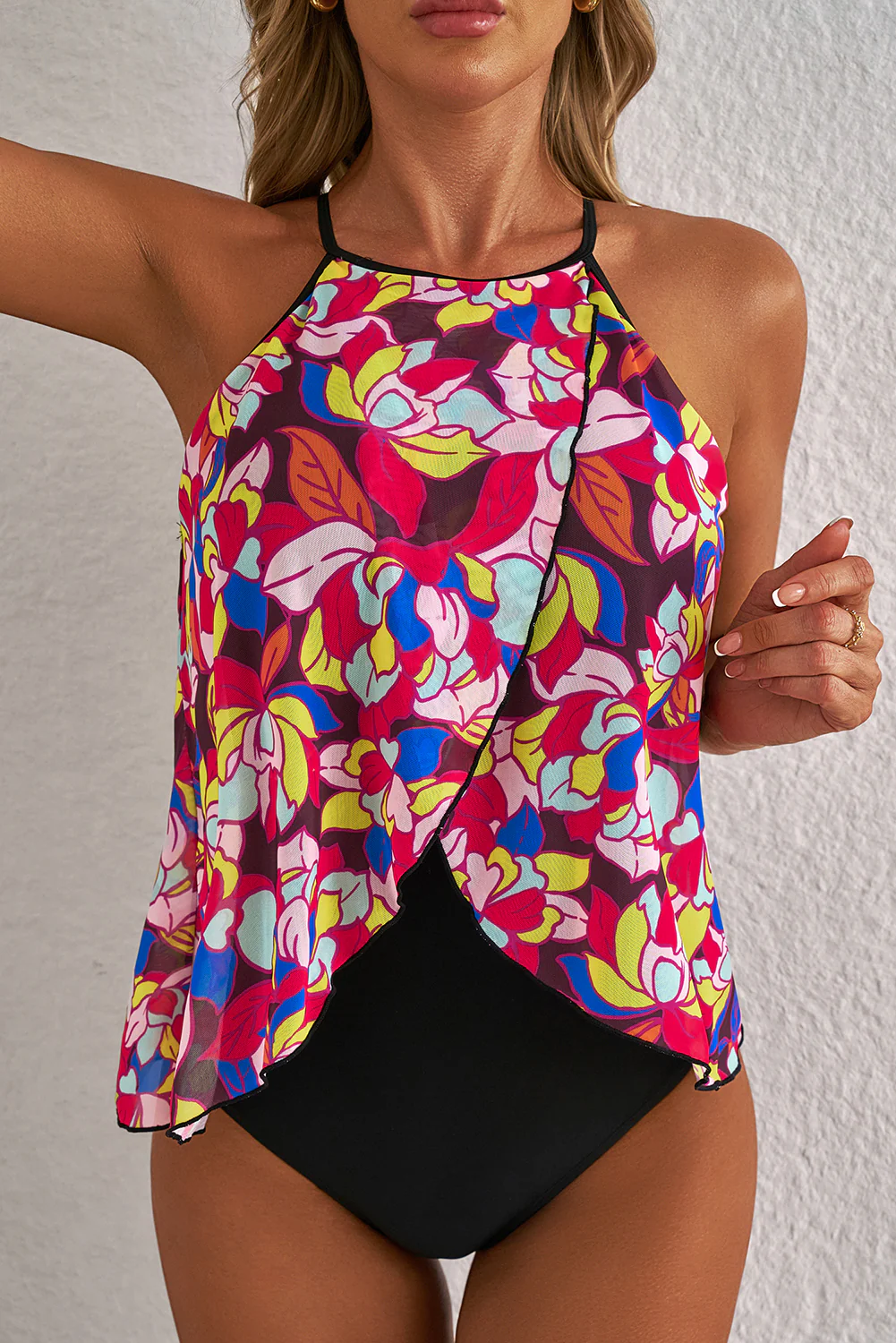 Purple Floral Print O Neck Open Back One Piece Swimsuit