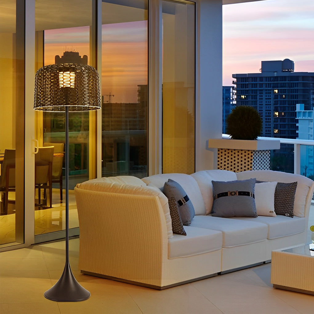 Rattan Metal Waterproof LED Solar Powered Modern Outdoor Floor Lamp