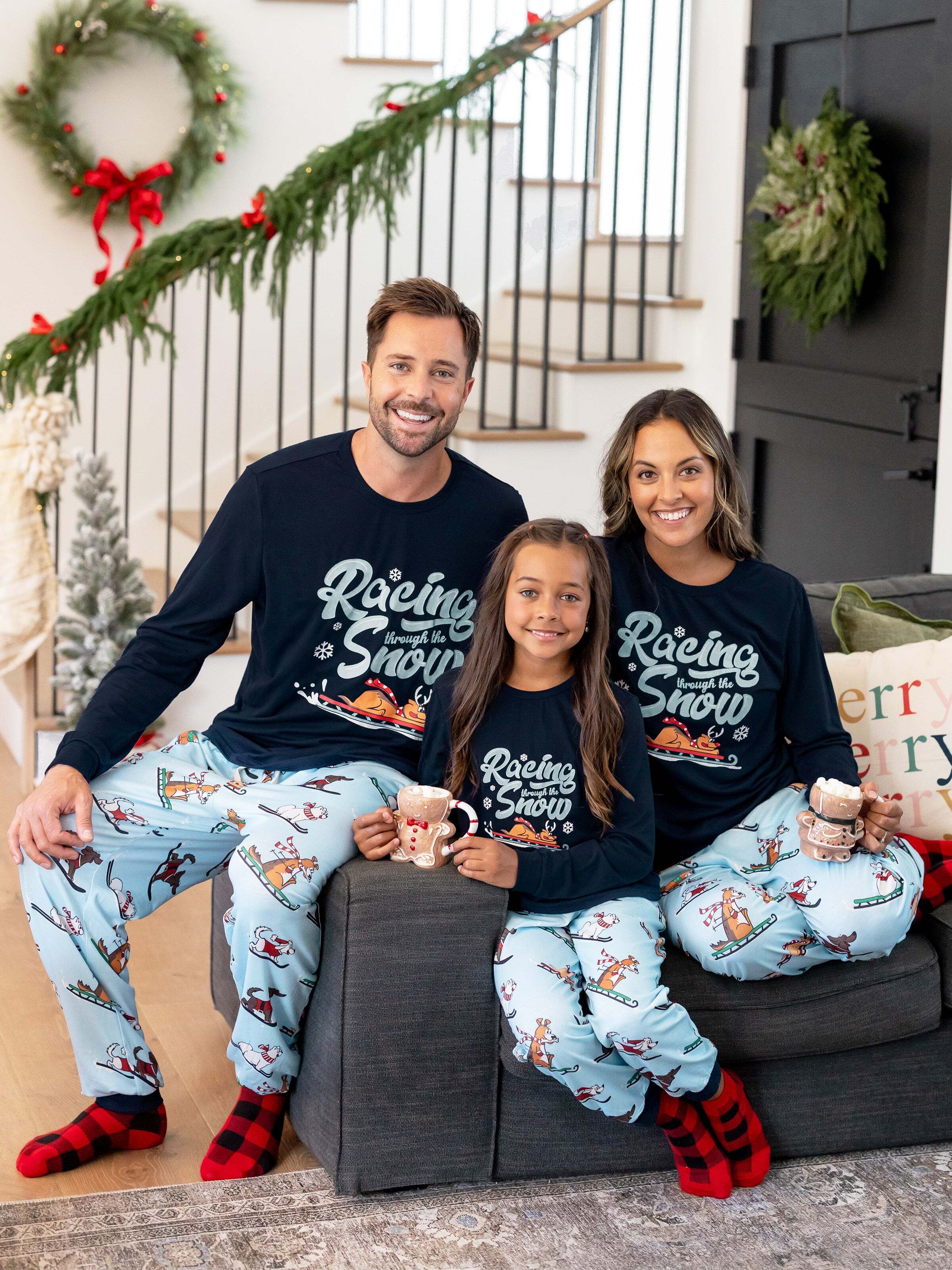 Christmas Matching Family Pajamas Set Sled Dogs Print PJS with Christmas Socks Blue