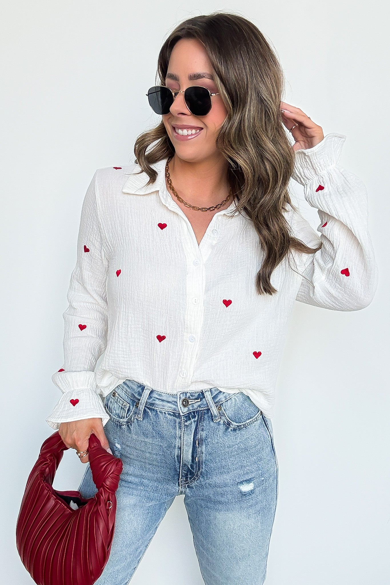 Heart Embroidered Button Down