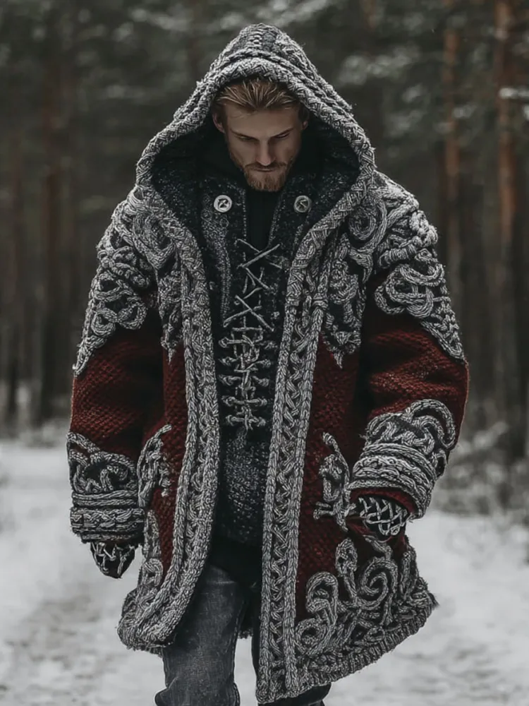 Men's Viking Celtic Knot Contrast Cozy Midi Cardigan Sweater