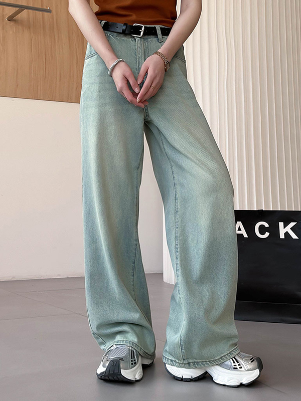 No Belt Pockets High Waisted Loose Jean Pants Bottoms