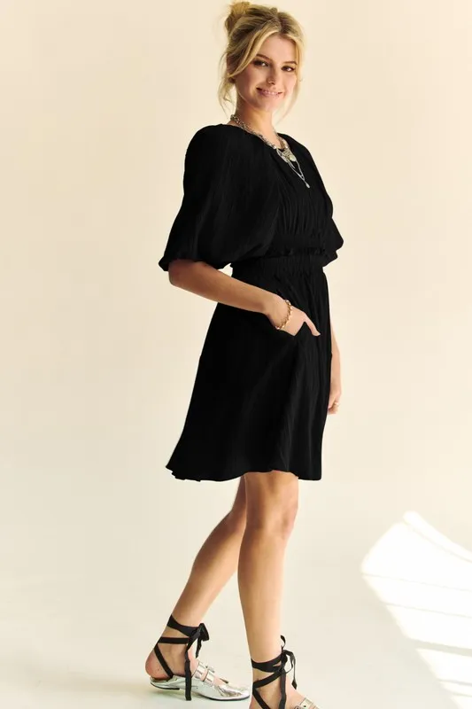 Back Button Puff Sleeve Mini Dress