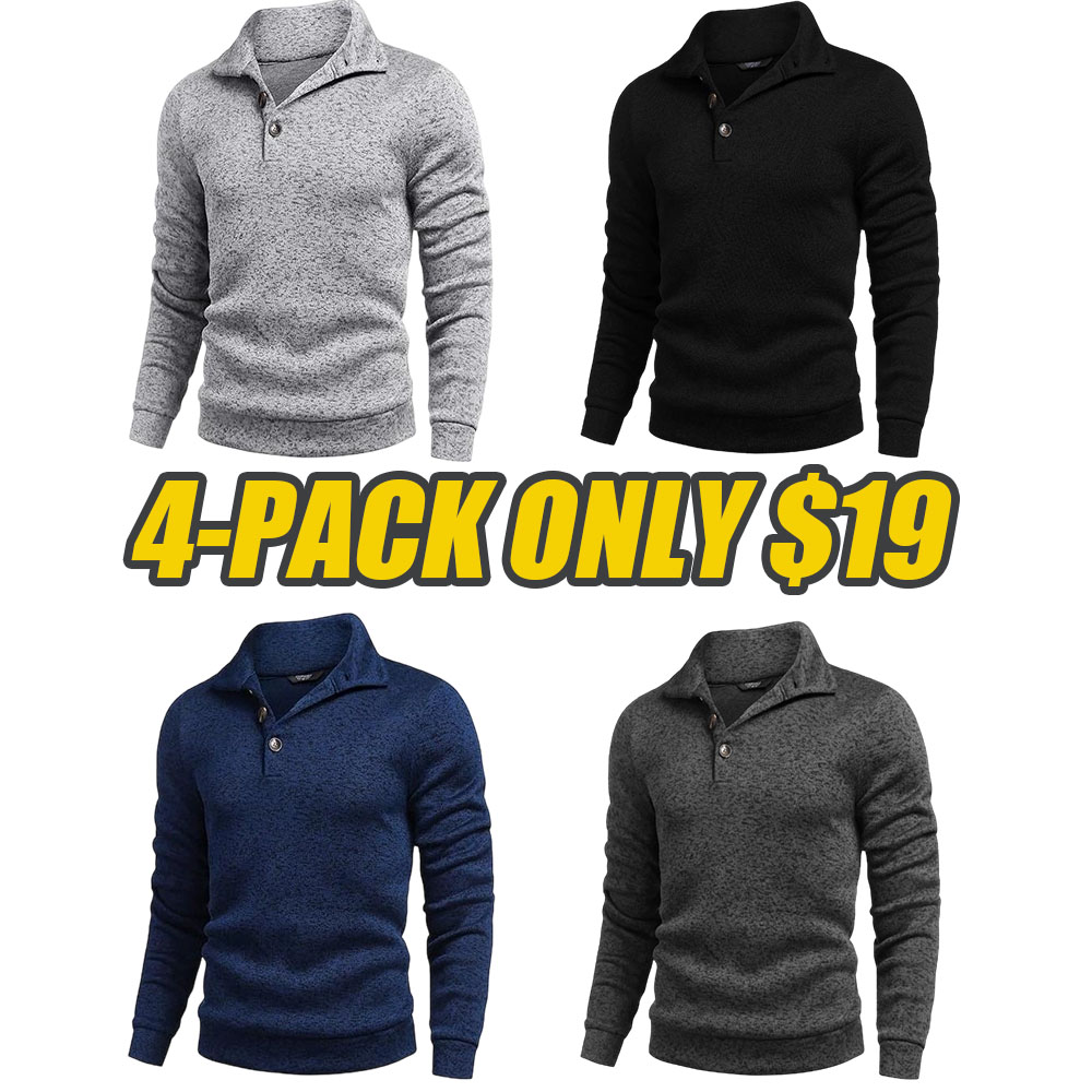 Men's Quarter Button Henley Sweater Casual Knitted Sweatshirt Mock Neck Thermal Fleece Pullover Sweater with Pocket