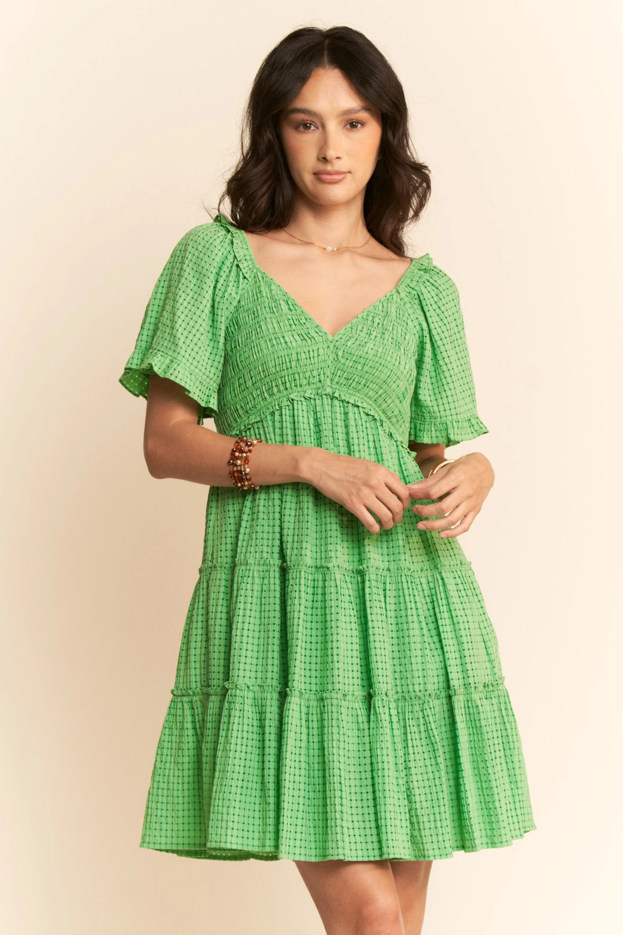 Jacquard Checker Smocking Tiered Dress