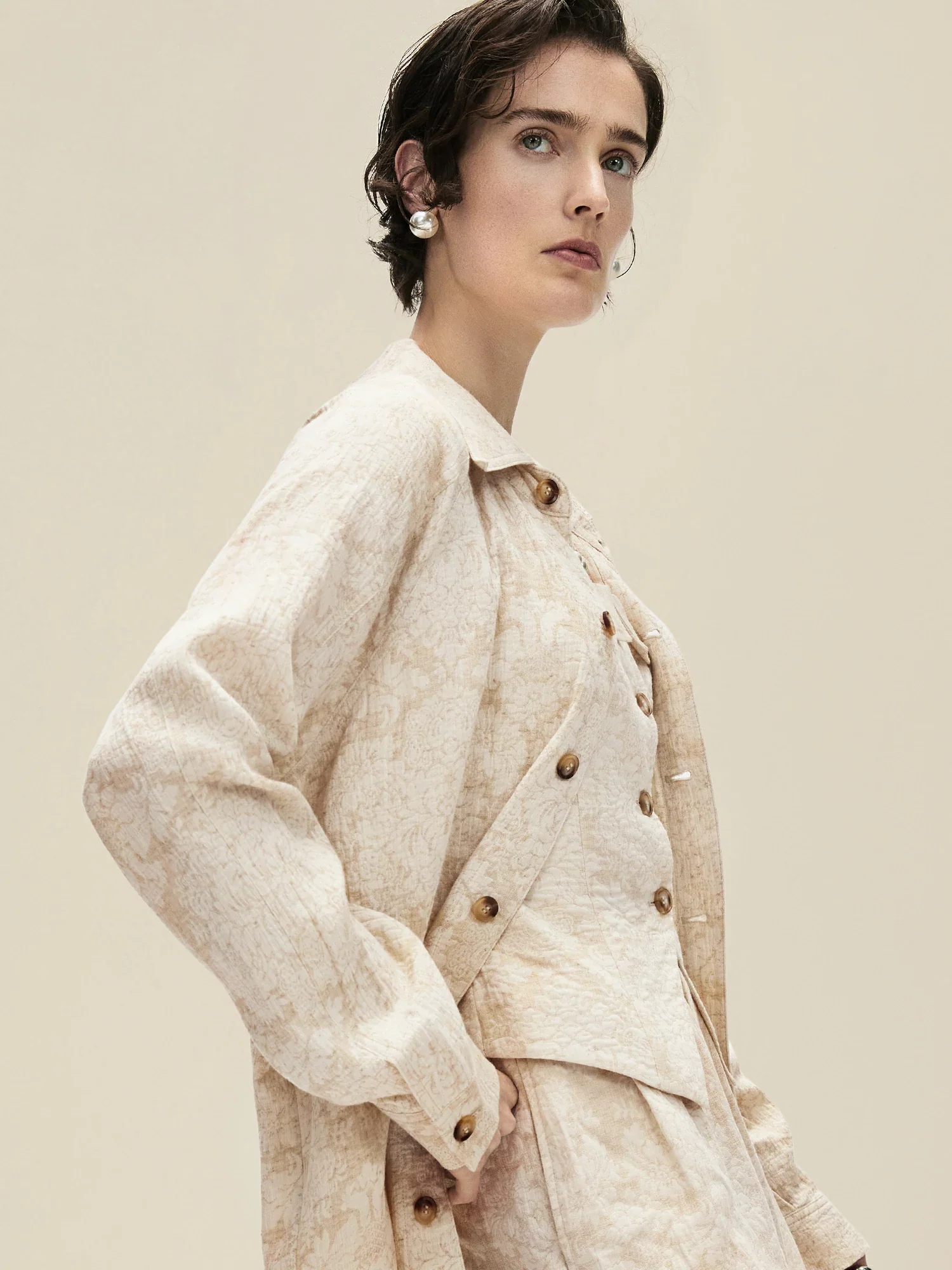 Cotton & Linen Lapel Long Sleeve Jacquard Blouse