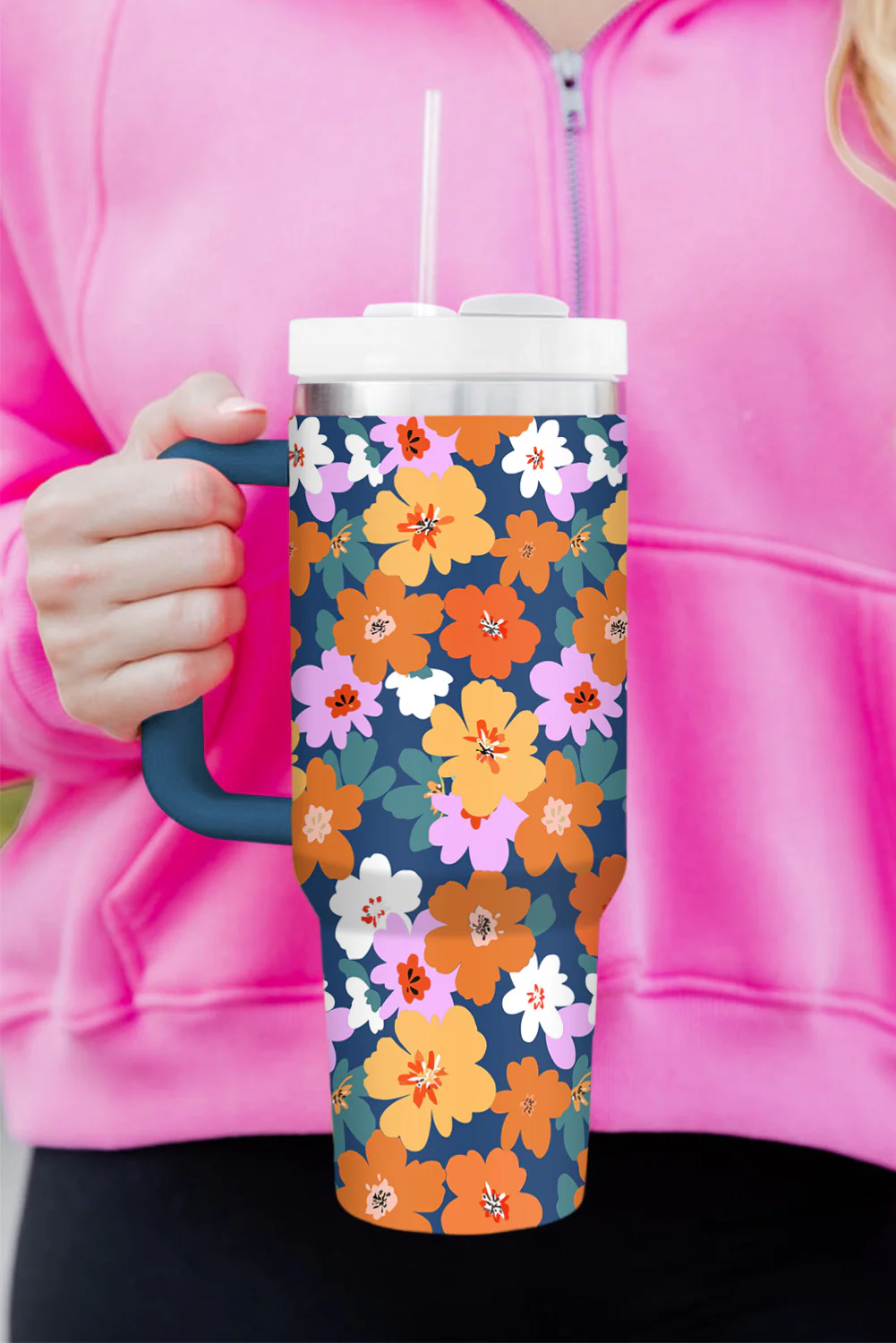 Ashleigh Blue Flower Print Handle Large Thermal Tumbler 40oz