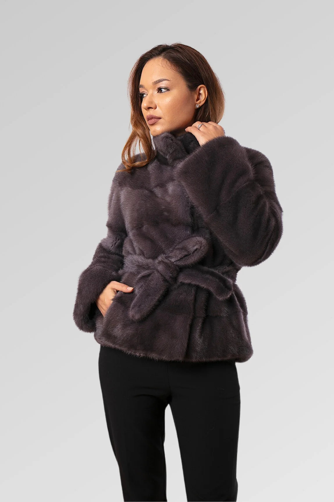 Haină din Blană Naturală de Vizon, cu Cordon, Femei, Graphite 190