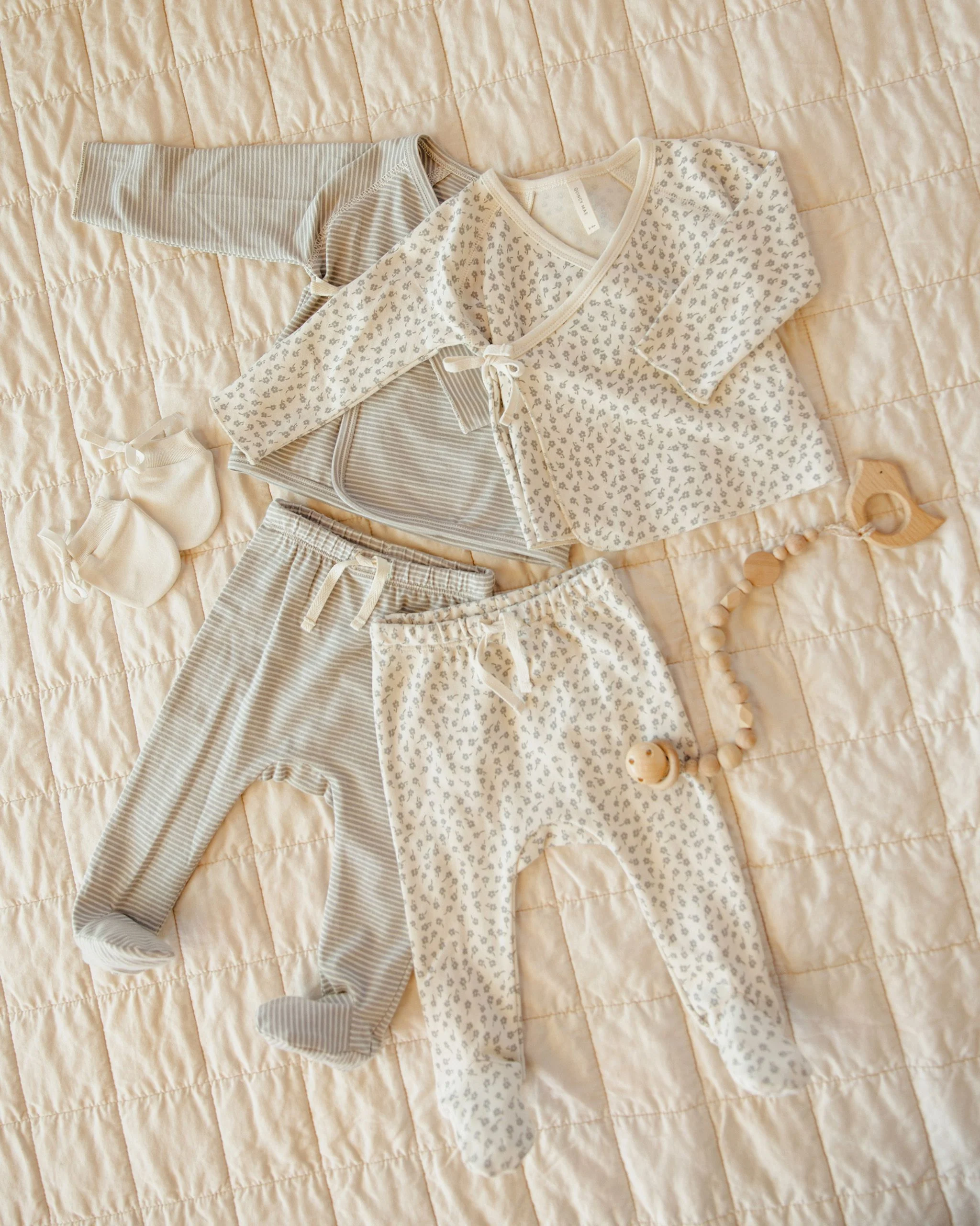 Wrap Top + Footed Pant Set || Blue Micro Stripe