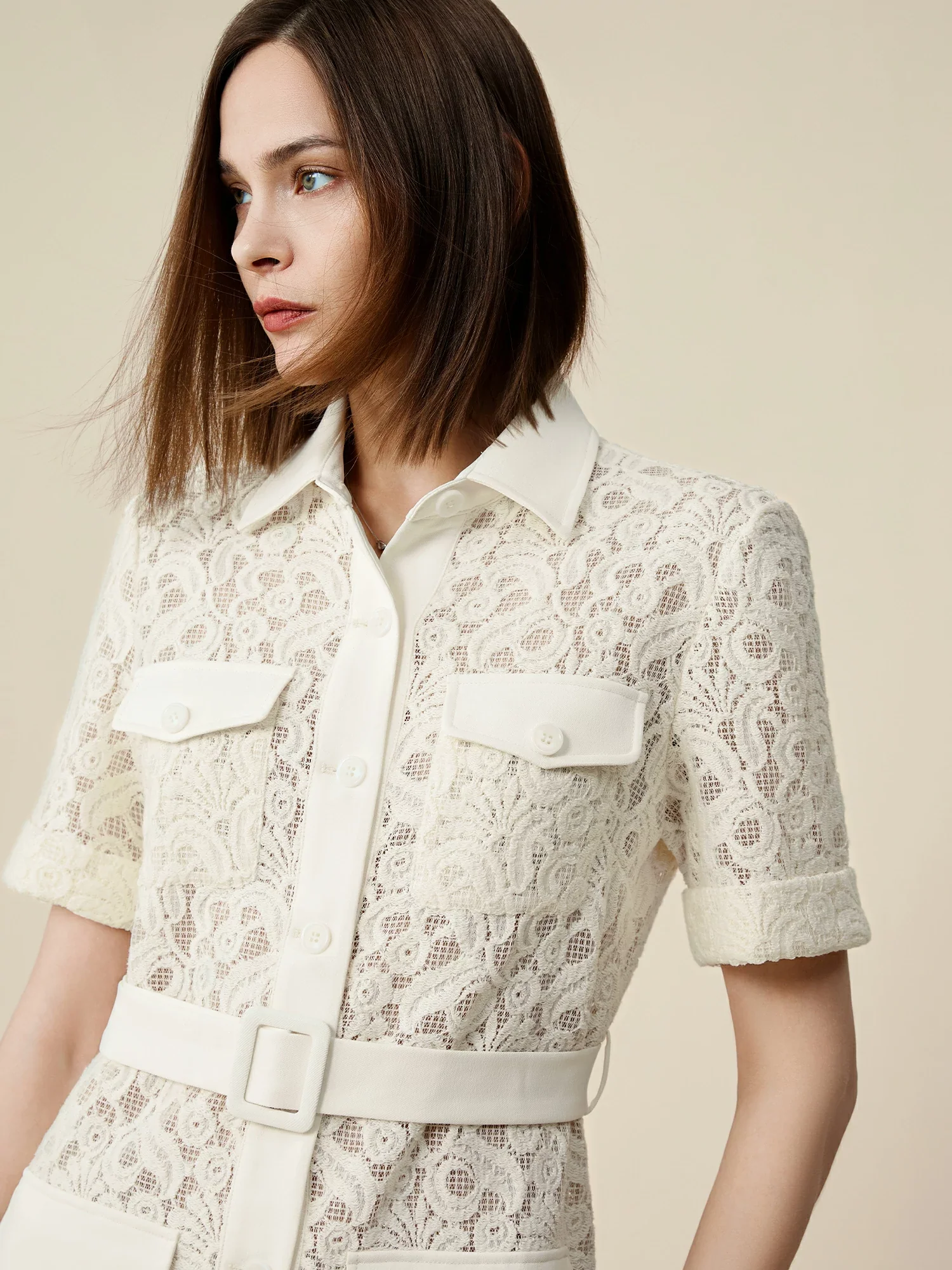 70% Cotton Lapel Short Sleeve Lace Pocket Dress