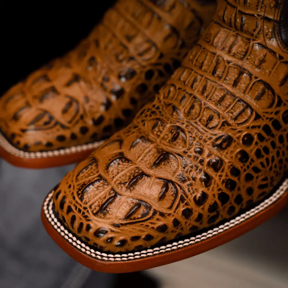 Honey Caiman Neck Leather Boots - Square Toe