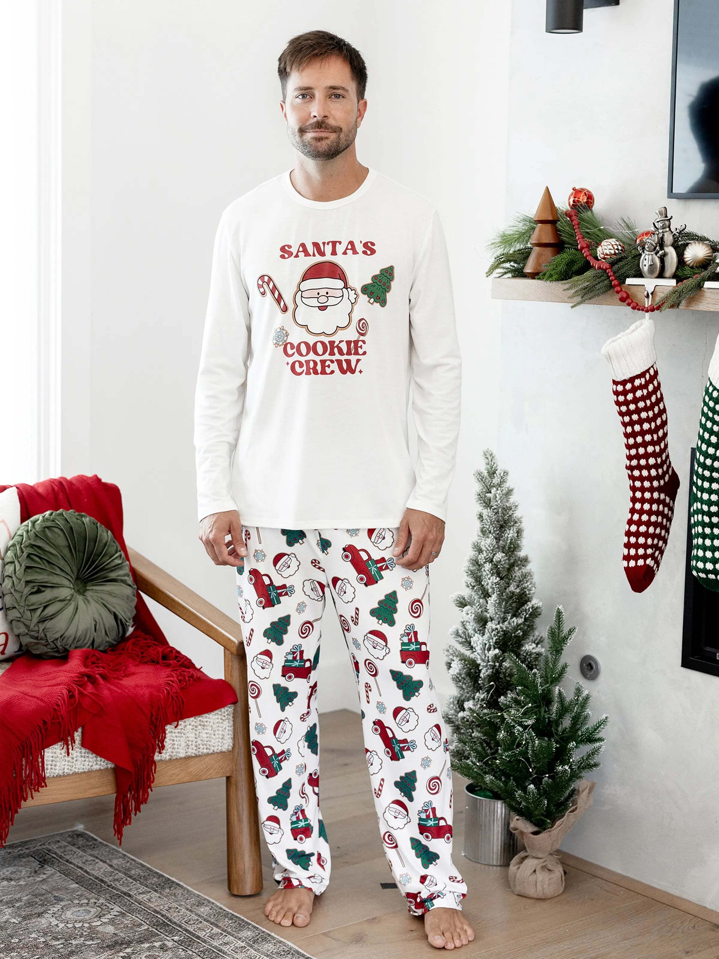 Christmas Matching Family Pajamas Set Santa Claus and Christmas Tree Print White PJS with Christmas Socks White