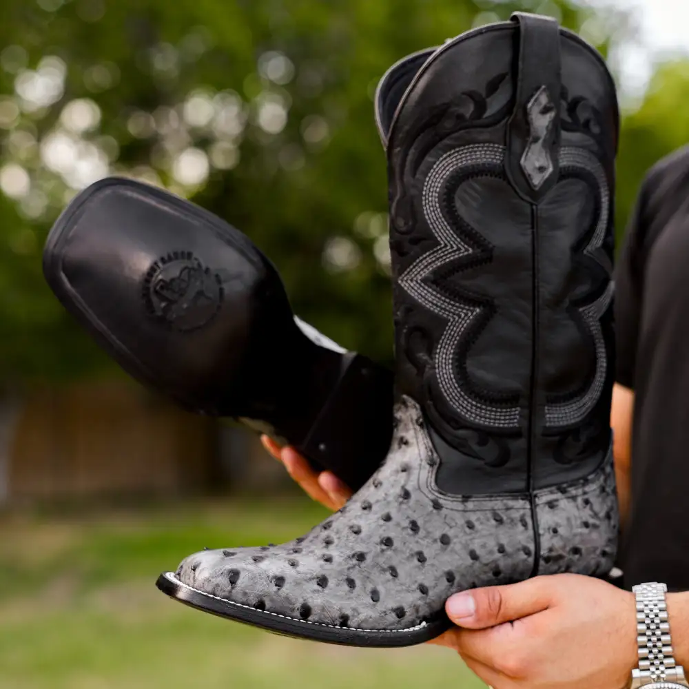 Grey Ostrich Leather Boots - Square Toe