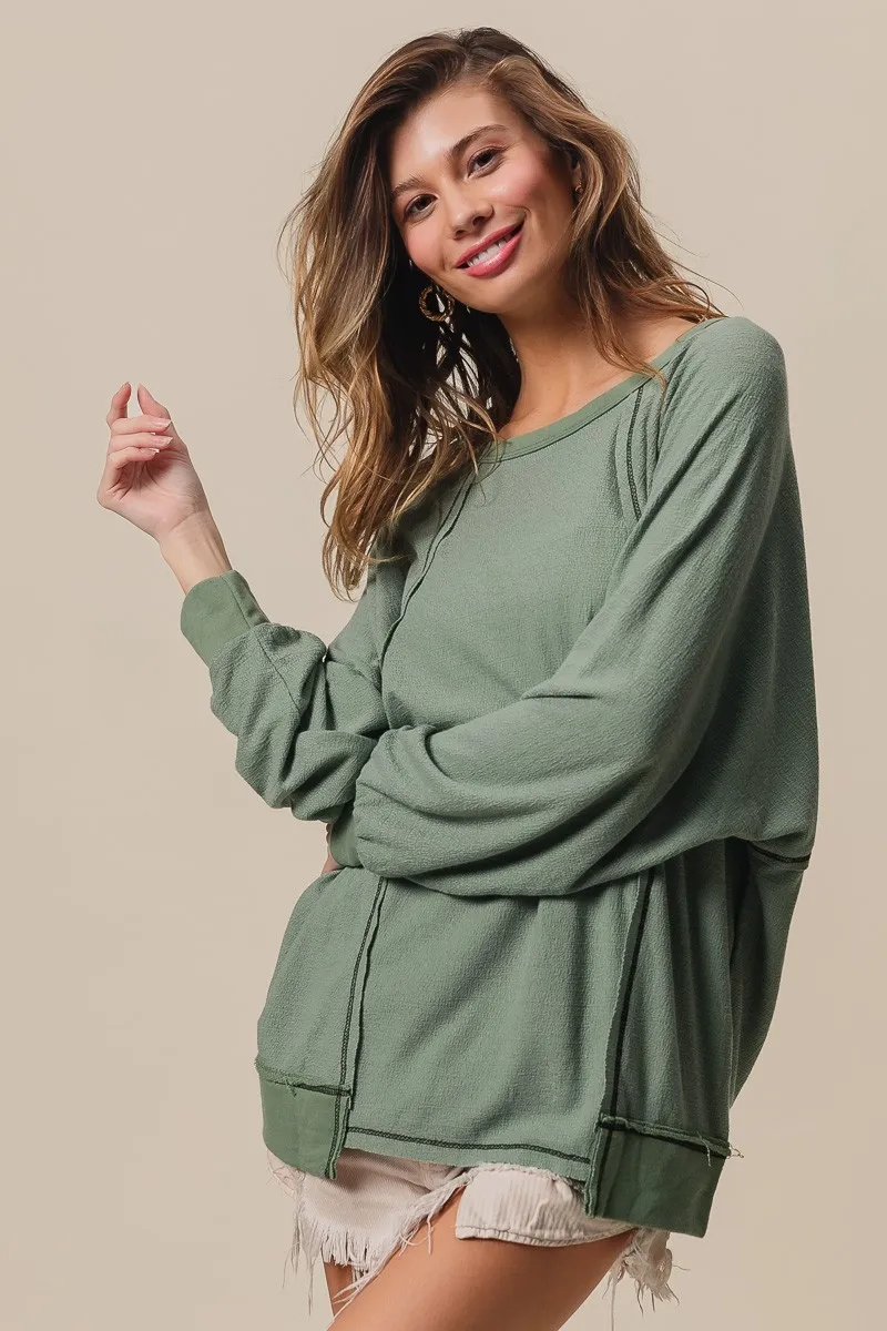 Cross Hatch Knit Uneven Hem Cont Lslv Top