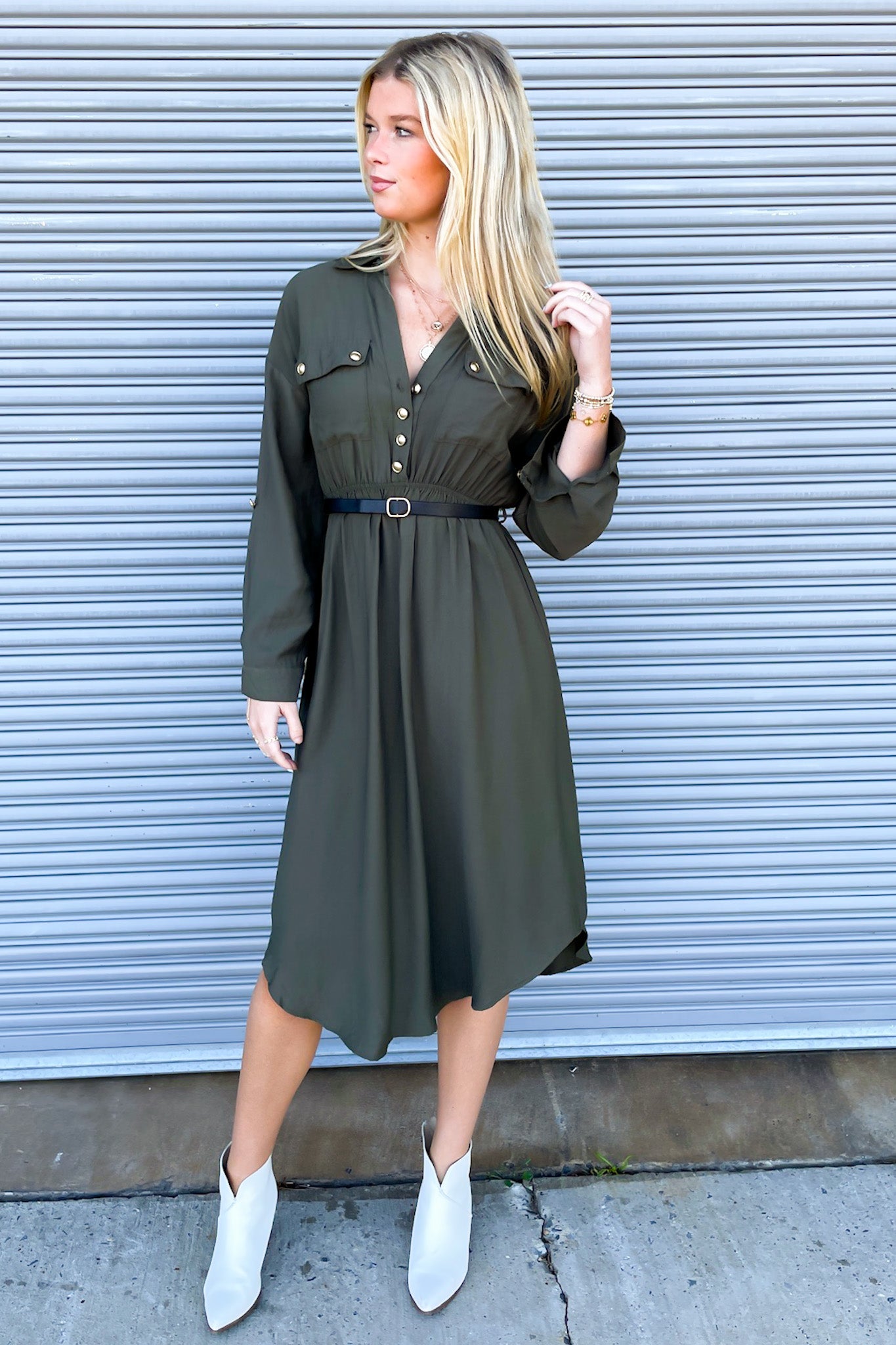 Adeline Button Down Belted Midi Dress