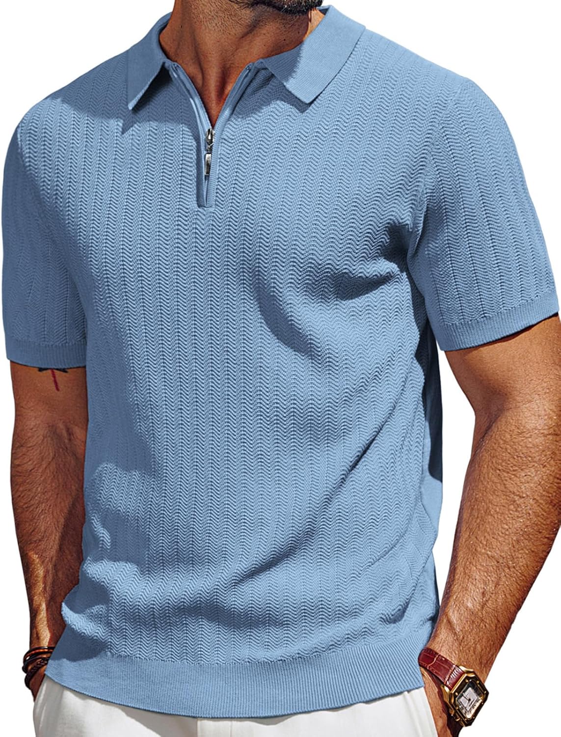 Men's Polo Shirts Quarter Zip Textured Knit Shirts Summer Shirt