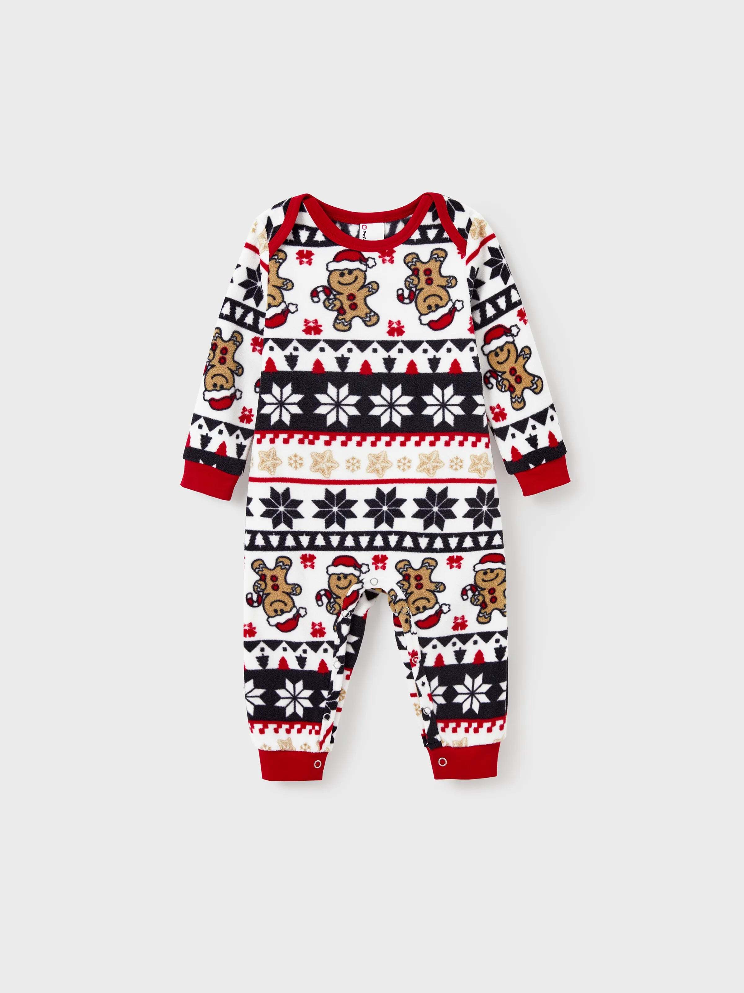 Christmas Matching Family Fleece Pajamas Set Gingerbread and Snowflake Print PJS with Christmas Socks Red