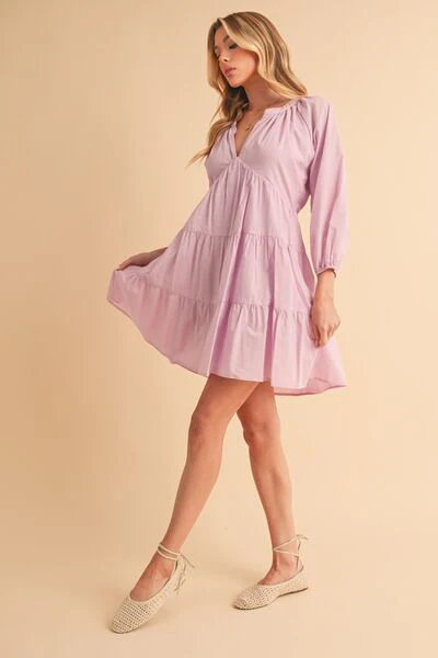 Notched Balloon Sleeve Tiered Mini Dress