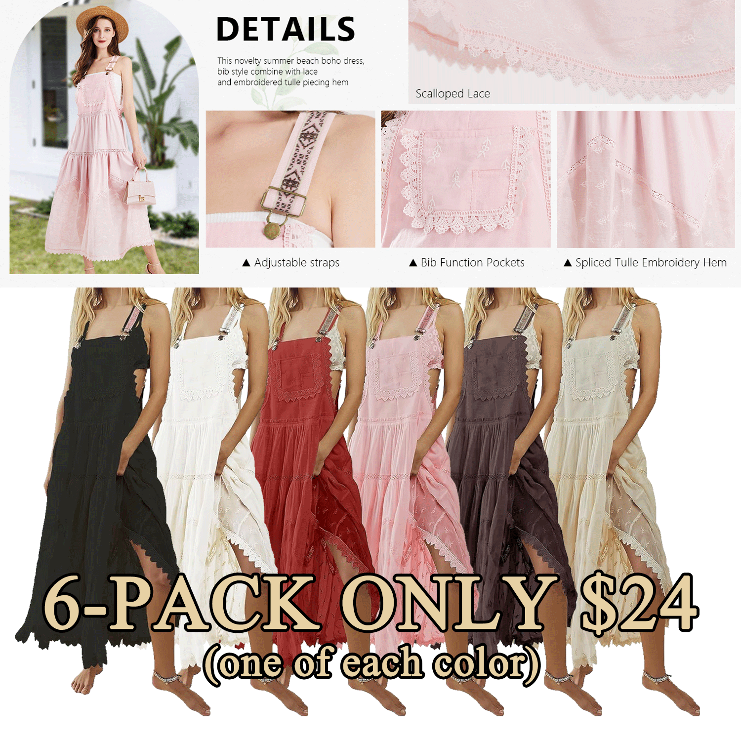 Ebossy Women's Basic Minimalist Sleeveless Laced Embroidered Tulle Bib Dress Casual Loose Adjustable Straps Maxi Dress Womenswear Boho Style