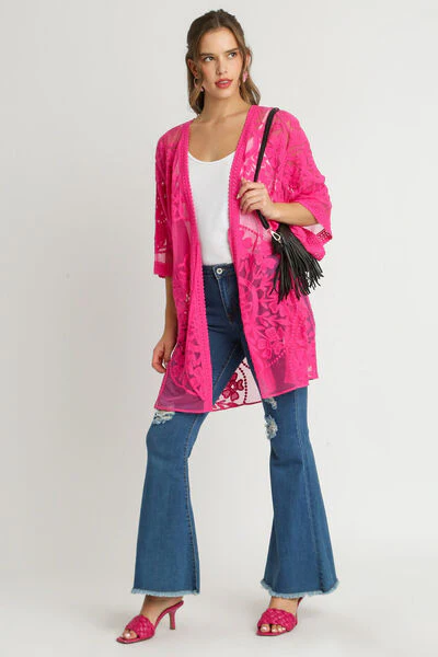 Floral Lace Open Front Kimono Sleevee Cover Up with Waist Tie