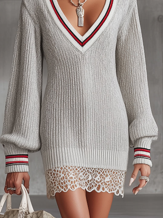 Gray Ribbed Knit Sweater Dress With Striped Trim And Lace Hem