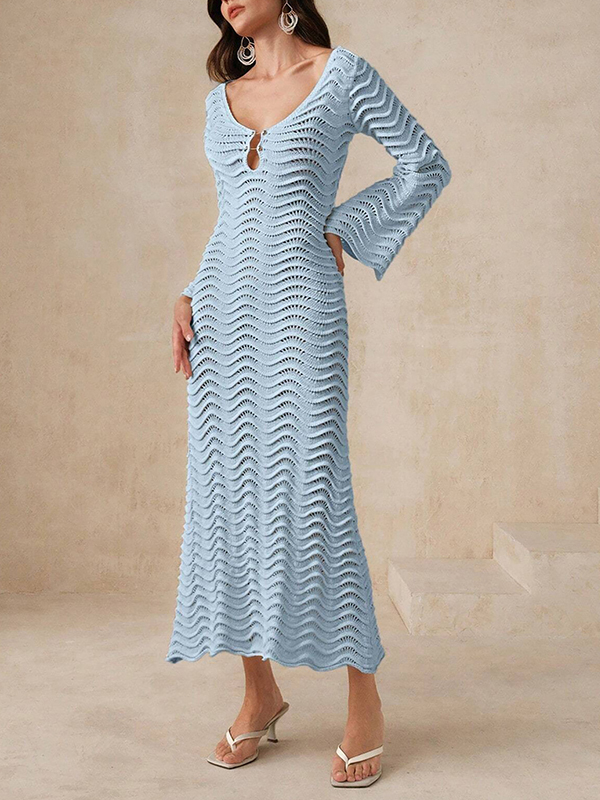 Solid Color Long Sleeves Hollow Vacation Cover-Up Dresses