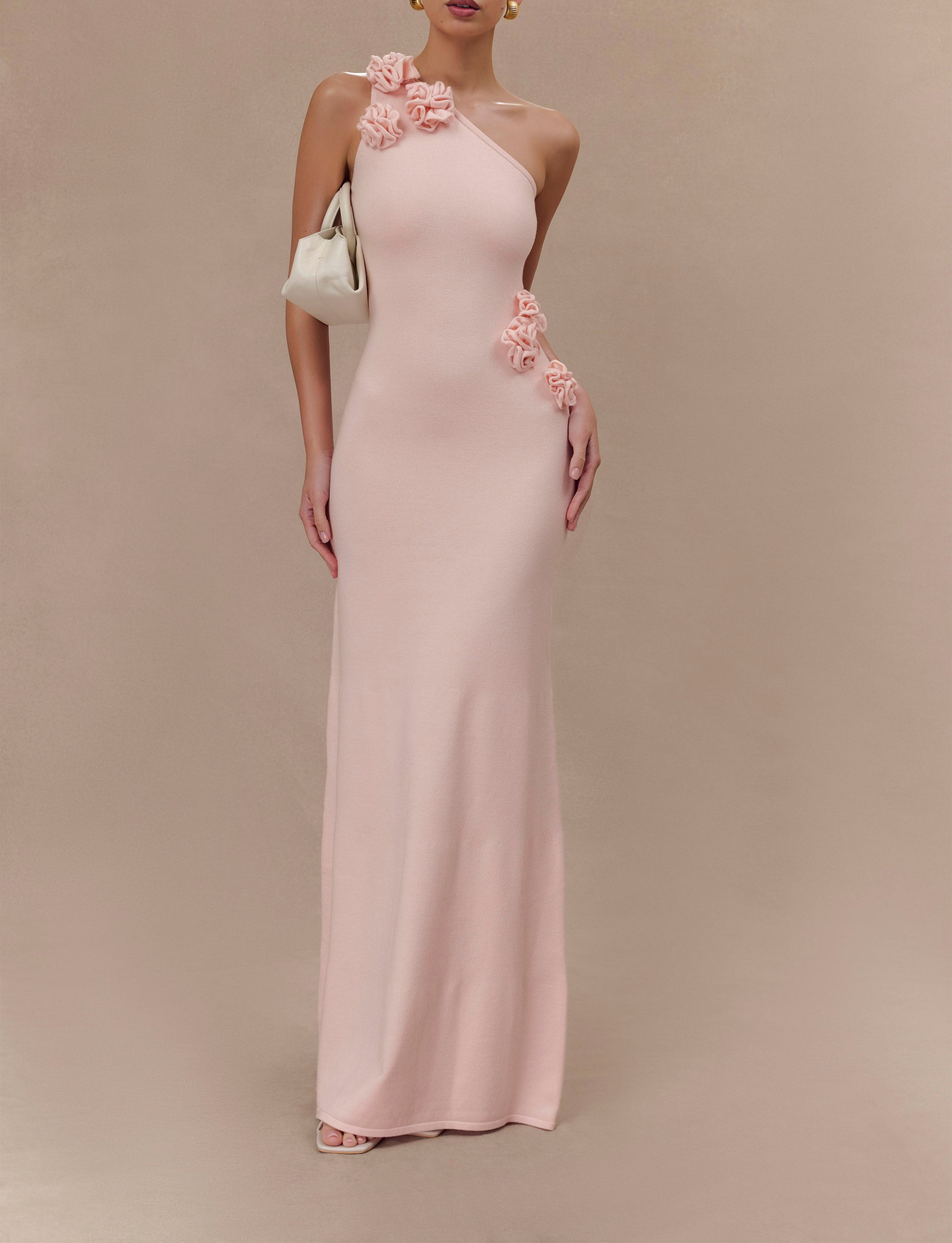 Pink One Shoulder Knit Maxi Dress With Flowers