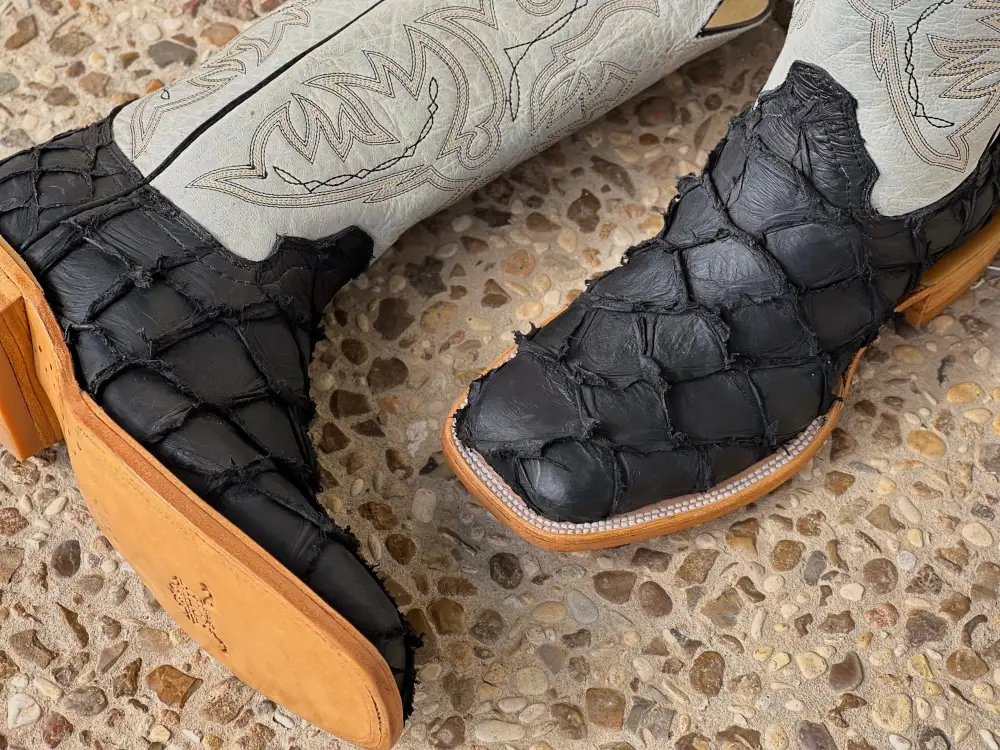 Men’s Black Matte Pirarucu Exotic Boots With White Shaft