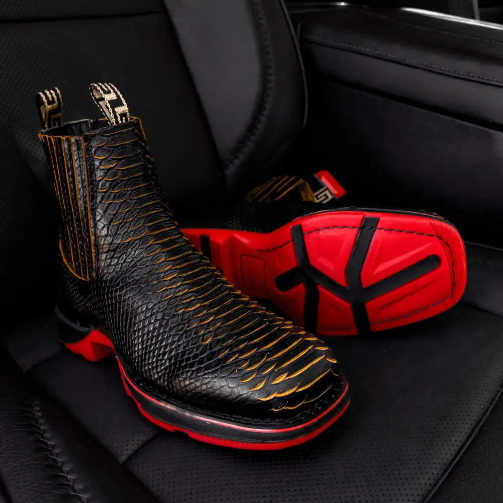 Black & Yellow Python Leather Botin With 3D Lightweight Soles - Square Toe