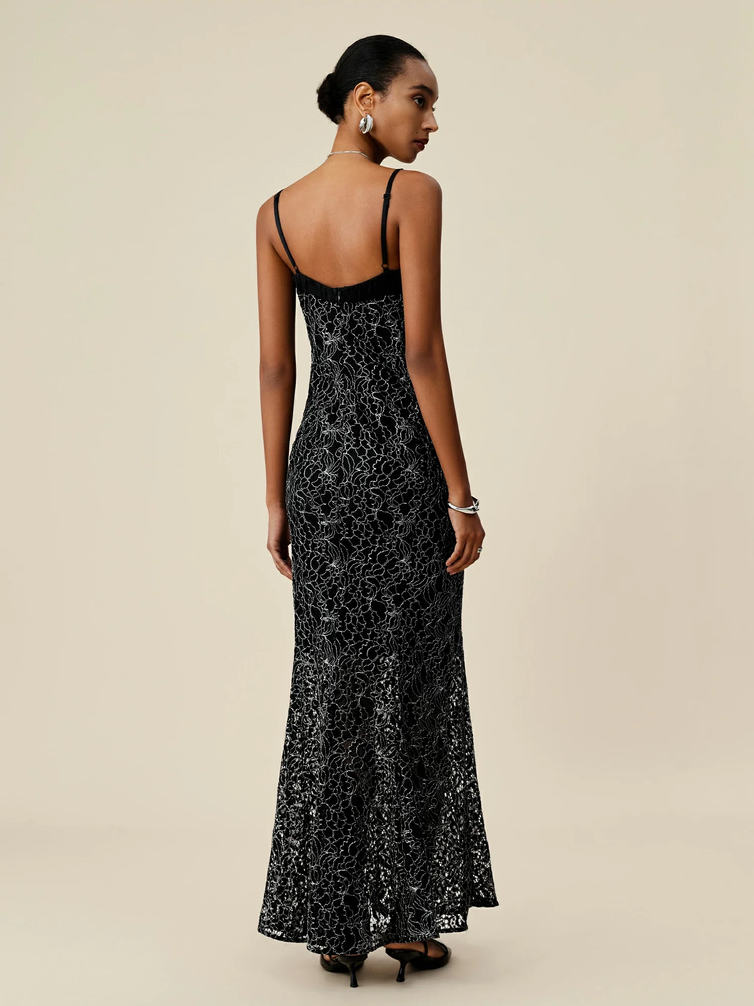 Silver Metallic Lace Cami Fishtail Dress