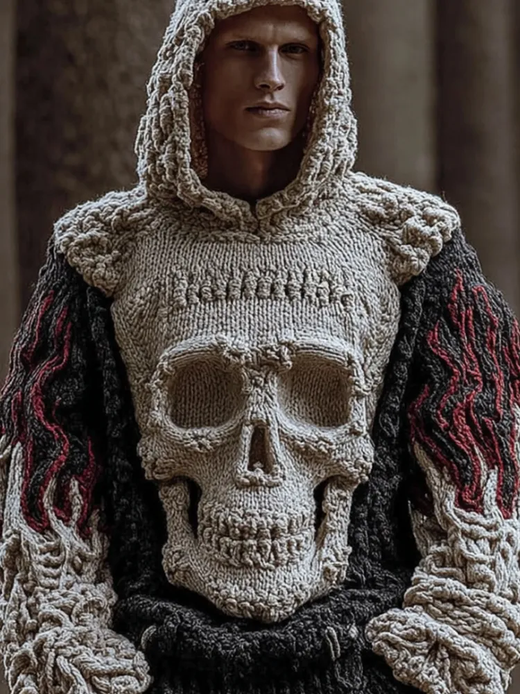 Man Halloween Big Skull Flame Ancient Hooded Sweater