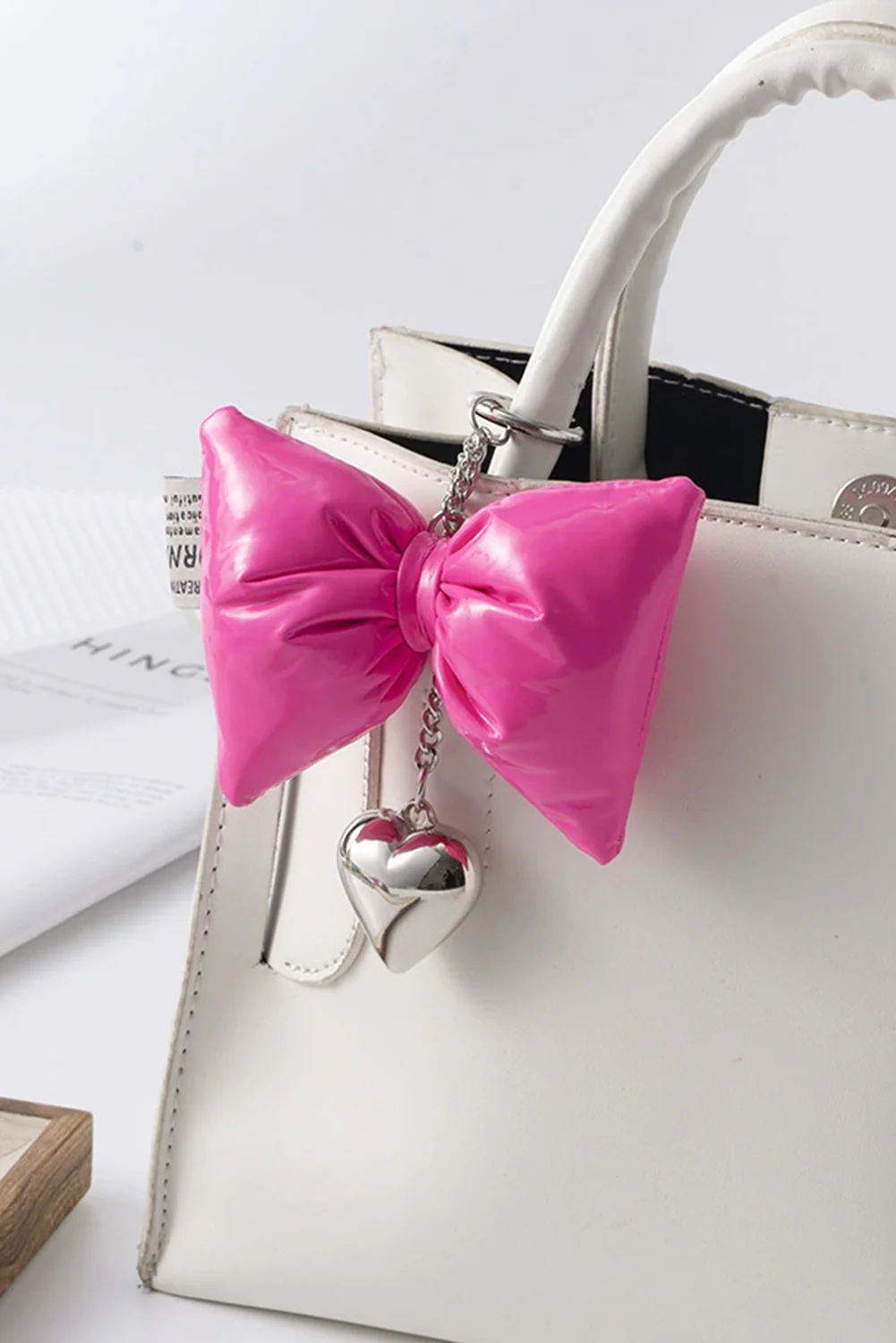 Bright Pink Sweet PU Leather Bow Knot Heart Keychain